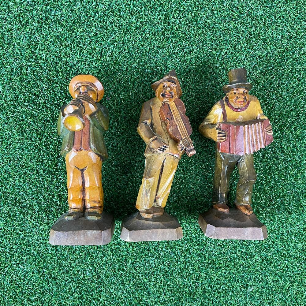 Vintage 3 Hand Carved Wooden Folk Musicians Figurines 5"